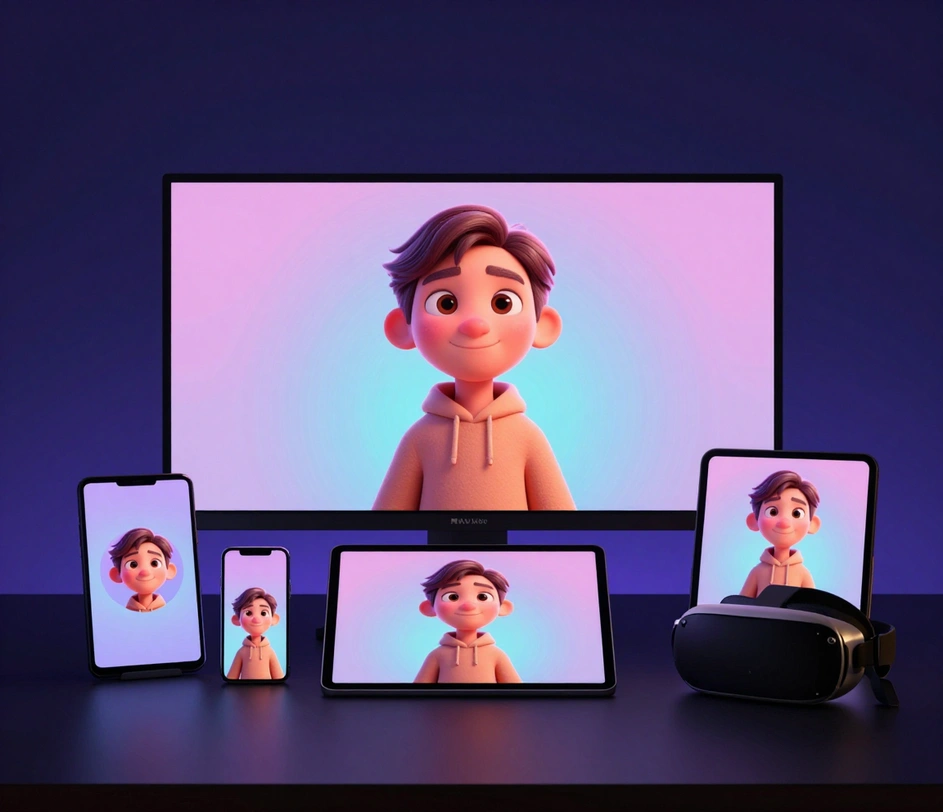 Jeden 3D avatar zobrazený na monitoru, tabletech, telefonech a VR brýlích v konzistentním měkkém 3D stylu, jedna identita na každém zařízení