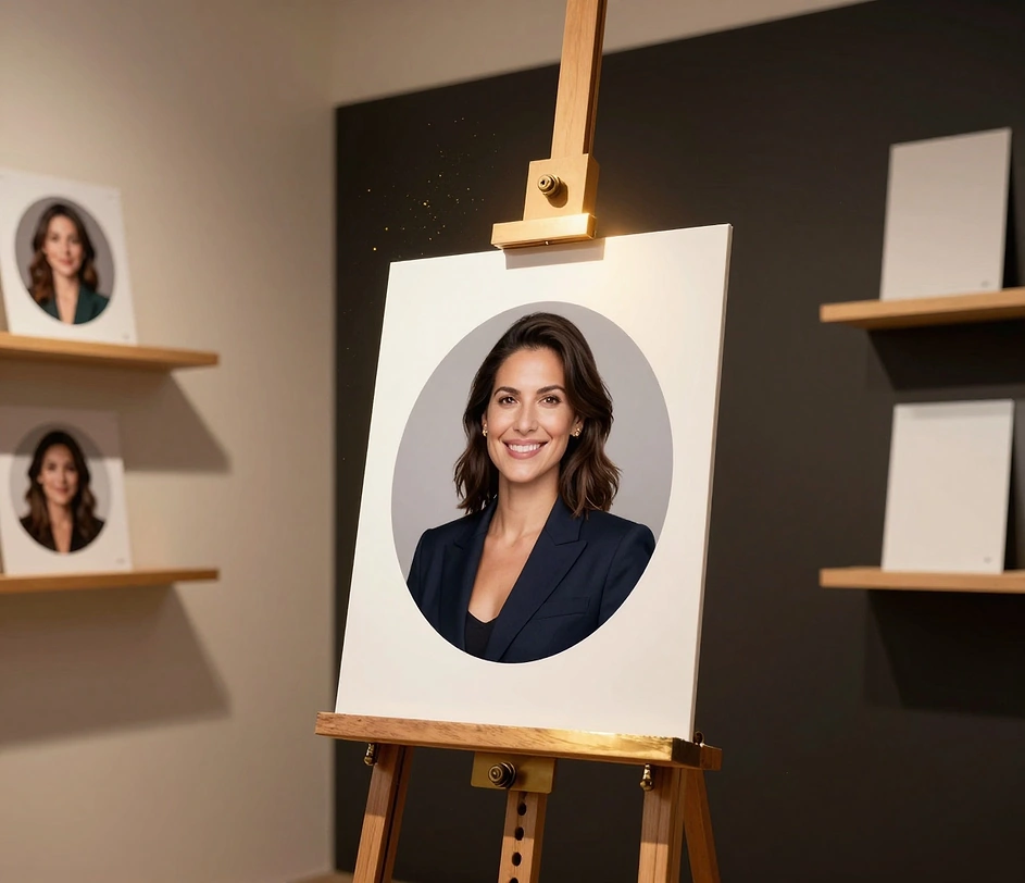 O printare de avatar corporativ terminată sub reflectorul central pe un perete de studio întunecat, particule aurii plutind în jur