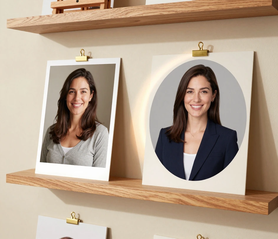 Un selfie obișnuit și printarea sa de avatar corporativ finalizată, unul lângă altul pe un birou de studio, același chip și coafură recunoscuibile în ambele