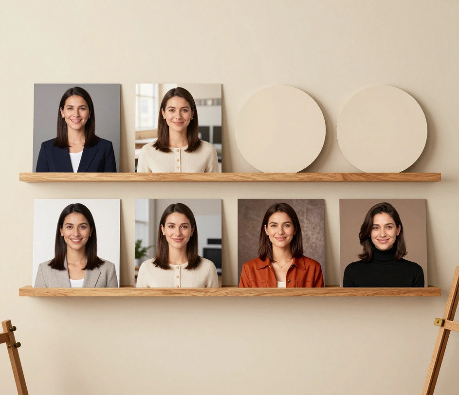 Patru mostre de stil în evantai pe o poliță de studio, același bărbat în look-uri corporativ, business casual, creativ și editorial