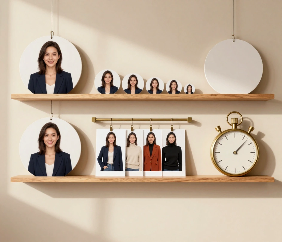 Un raft de studio din lemn cu un evantai de printuri de avatar ale aceleiași femei, fiecare într-un look diferit, de la sacoul corporativ la stilizarea creativă cu gradare de culoare