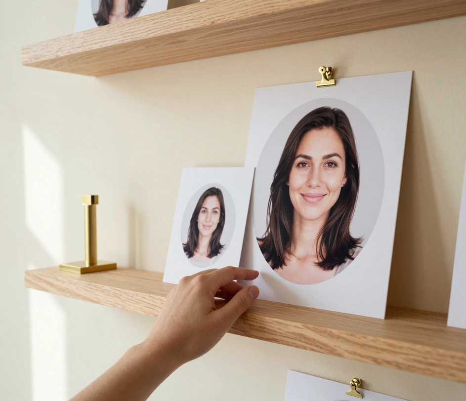O mână ține o fotografie frontală clară deasupra unui raft de stejar, lângă printarea de avatar circulară finalizată a aceleiași femei sprijinită de perete