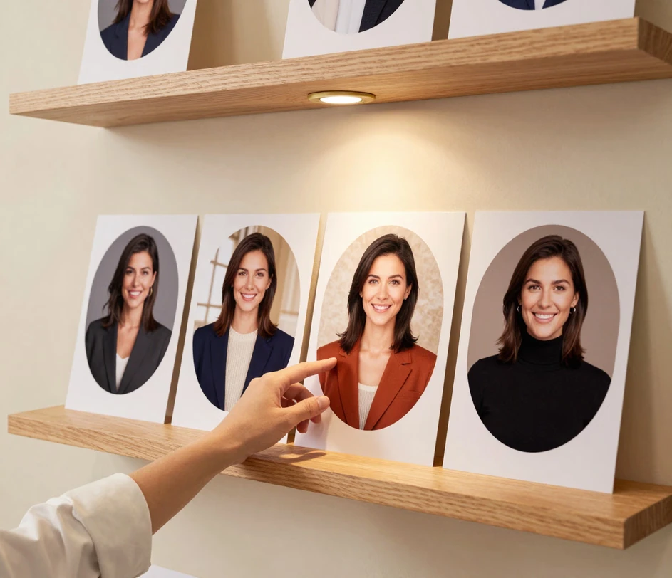 Patru mostre de avatar circulare în evantai sub o lampă de studio luminoasă, mostra corporativă strălucește în centru ca look ales
