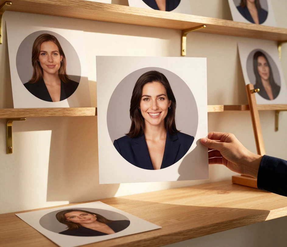 Două mâini ridică printarea de avatar finalizată spre lumina caldă a ferestrei, pe raftul de stejar de jos se odihnesc două variante anterioare cu fața în jos
