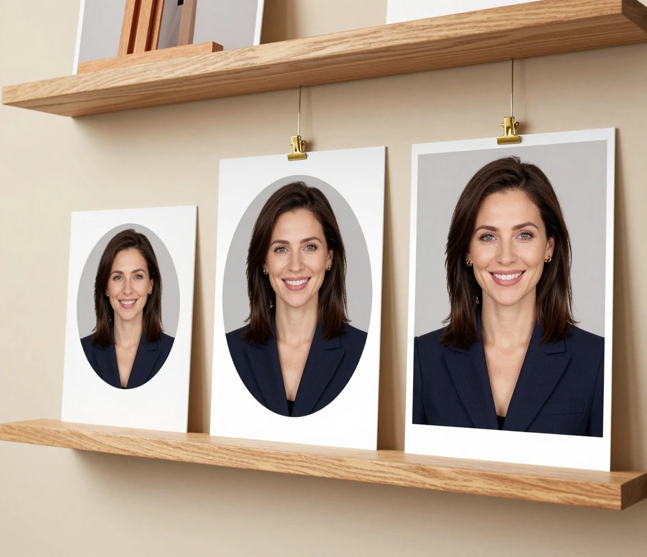 Trei printuri de portret de avatar ale aceluiași bărbat într-un rând crescător pe un perete de galerie, de la schița mică și moale la printarea mare de studio sub reflector