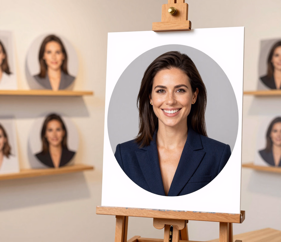O printare de avatar mare pe un șevalet de lemn, lumină de studio rafinată, textură naturală a pielii și sacou croit cu detalii croșe clare