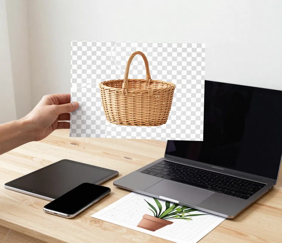 Ruce držící vytištěný výřez rattanového košíku na šachovnici, zatímco telefon, tablet i notebook leží na světlém stole vypnuté a zavřené
