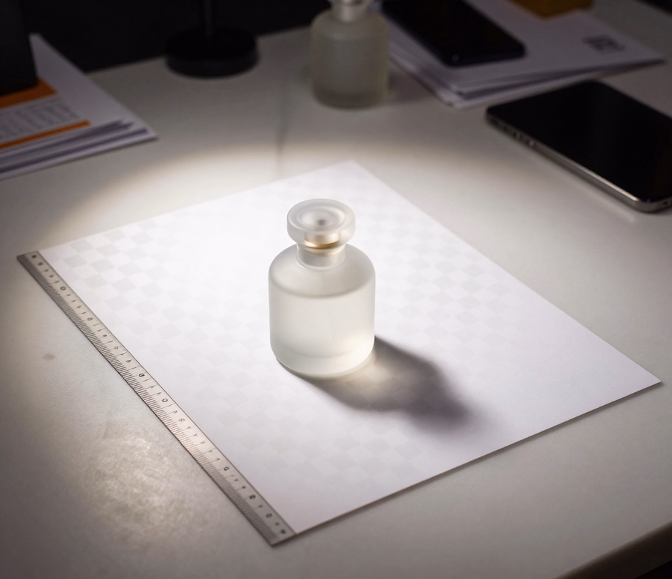Perfumová láhev z matného skla zasazená na bílém mramorovém stolku pod světlem softboxu ve scéně tiskové kvality, s její nepořádnou původní fotkou položenou vedle