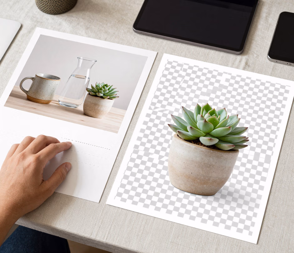 Sukulent v květináči sám na šachovnicovém průhledném tisku, zatímco hrníček a karafa ze skupinové flat-lay fotky blednou jako poloprůhledné přízraky, s vedením podle prázdné instrukční karty s řádkem pomlček
