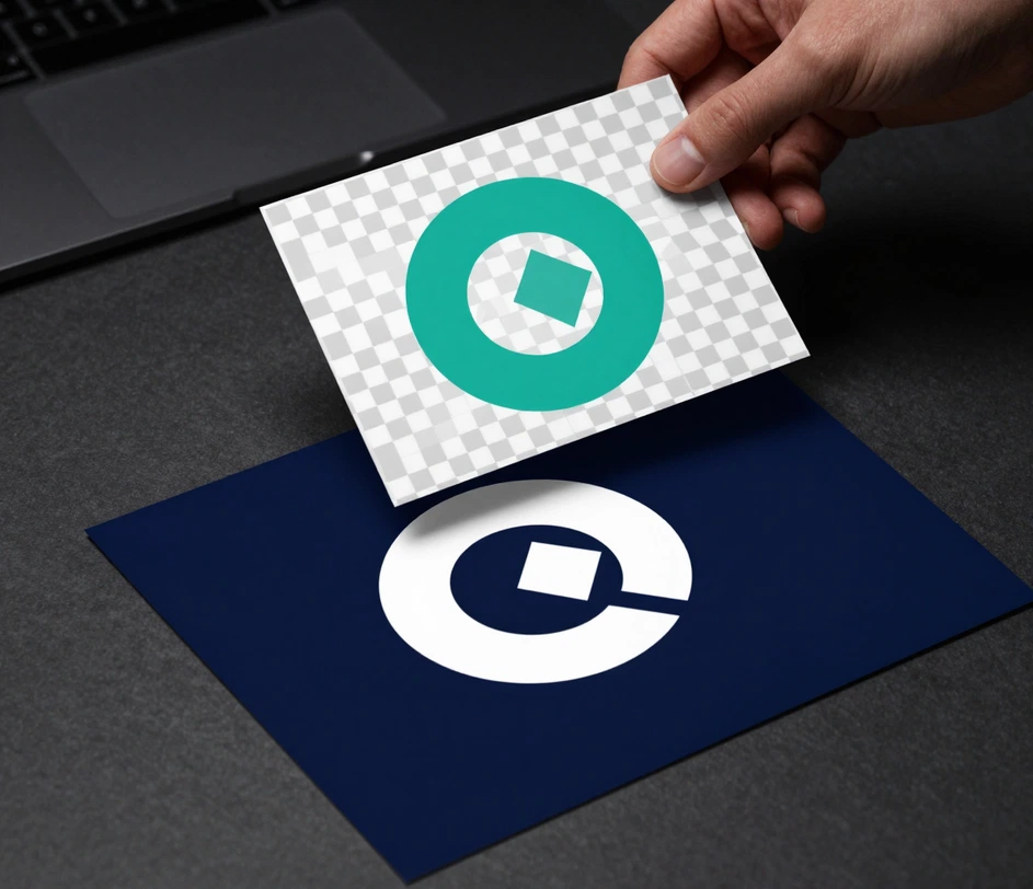 Geometrické logo kruh-kosočtverec-trojúhelník vyjmuté jako šachovnicový výřez nad identickým logem, které čistě leží na tmavě modrém snímku