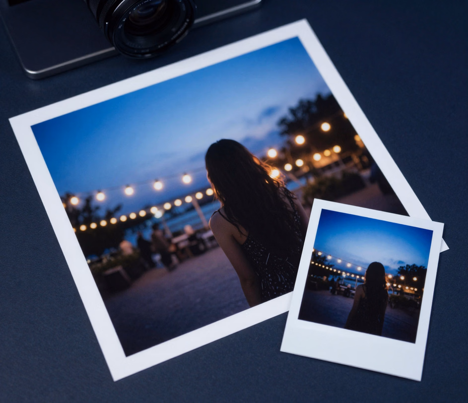 Podvečerní fotografie terasy v tiskové kvalitě vedle zcela ostrého originálu, tatáž terasa zobrazená jako filmový anamorfotický bokeh s oválnými jantarovými odlesky