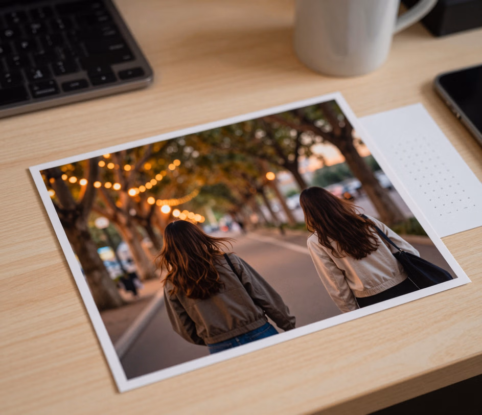 Fotografie dvou chodců na promenádě, oba dokonale ostrí, zatímco stromy lemující ulici splývají do přirozeného krémového bokohu s kulatými jantarovými kruhy a plynulým přechodem hloubky