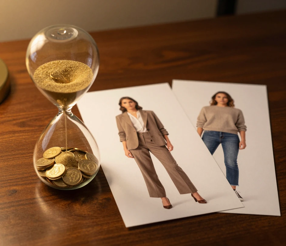 An hourglass with golden sand beside a neat stack of amber credit tokens and full body figure sheets, representing a balance that refills every twenty-four hours