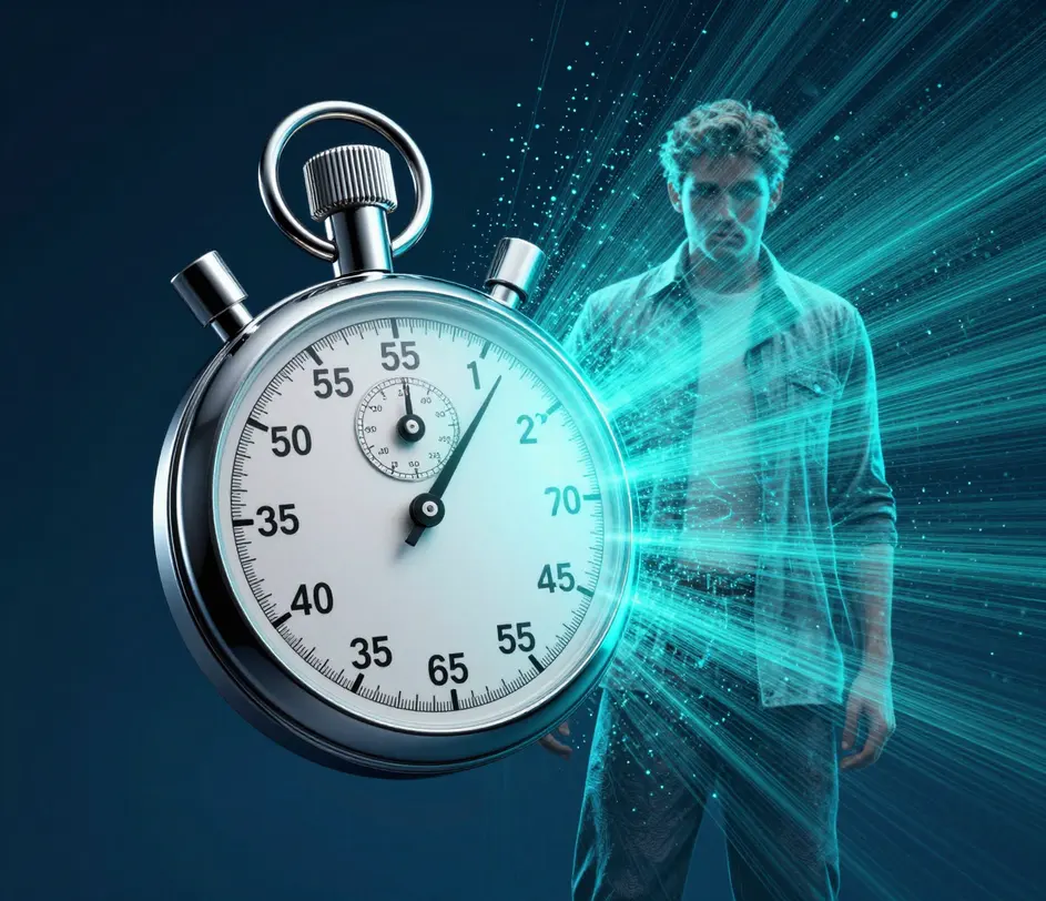 A chrome stopwatch next to a full body figure sheet materializing from fine light particles, a complete image generated in under thirty seconds