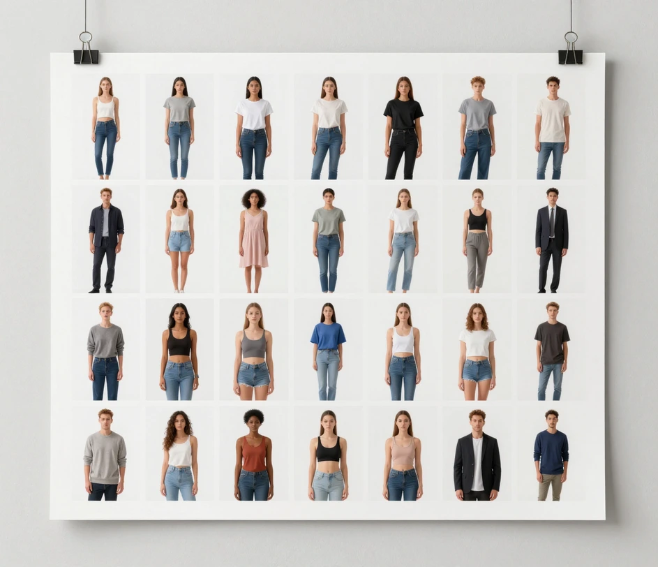 A printed contact sheet grid of diverse full body figures in different poses and styles, from athletic to plus-size, standing to seated