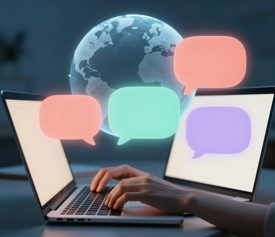 Hands typing on a glowing laptop surrounded by three empty speech bubbles of different shapes and a frosted globe, accepting prompts in thirty-two languages