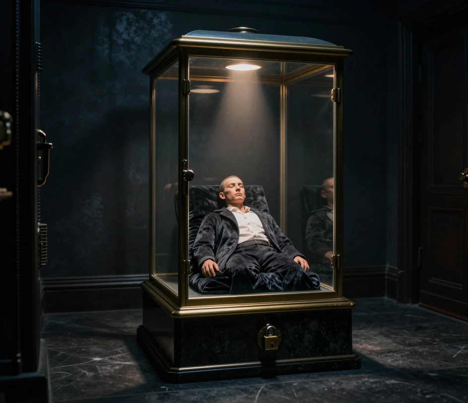 A full body character sheet sealed inside a locked glass vitrine in a dim vault, showing that generated bodies stay private in a personal dashboard