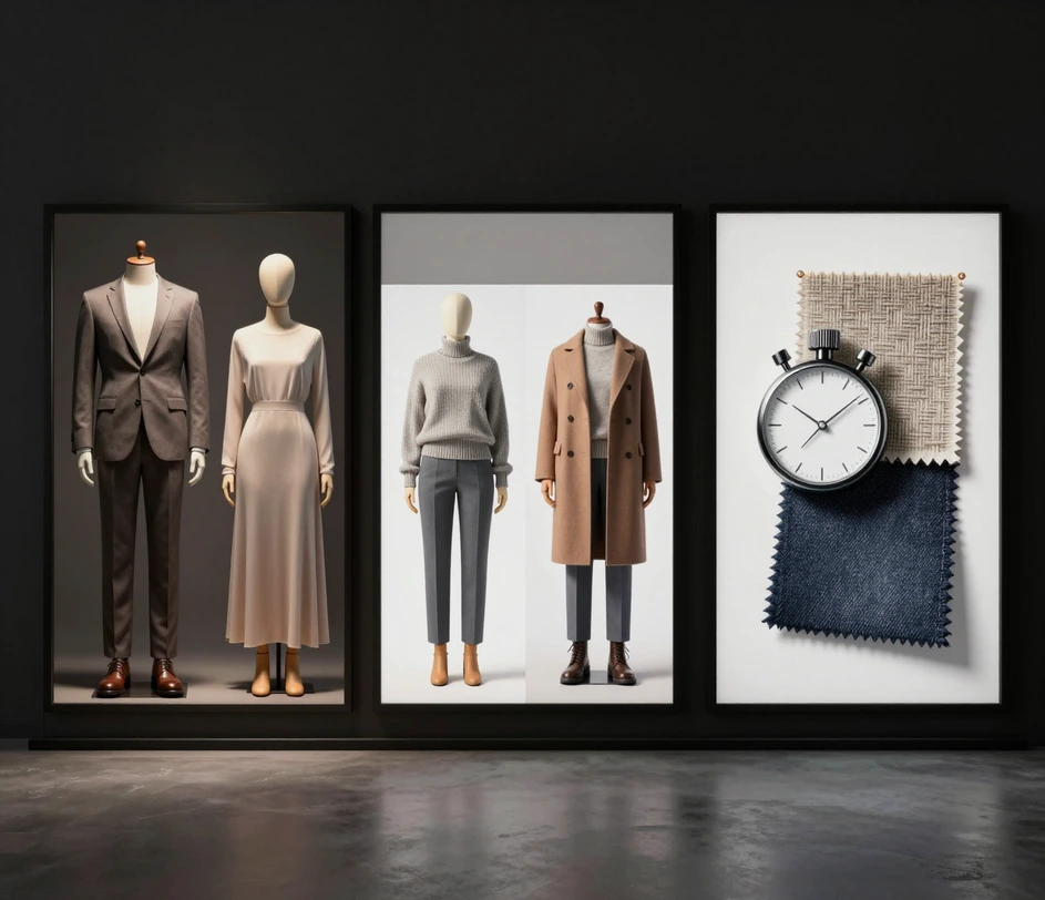 A creative workspace monitor displaying a grid of diverse AI-generated full body figures in photorealistic, anime, and 3D render styles beside printed character sheets