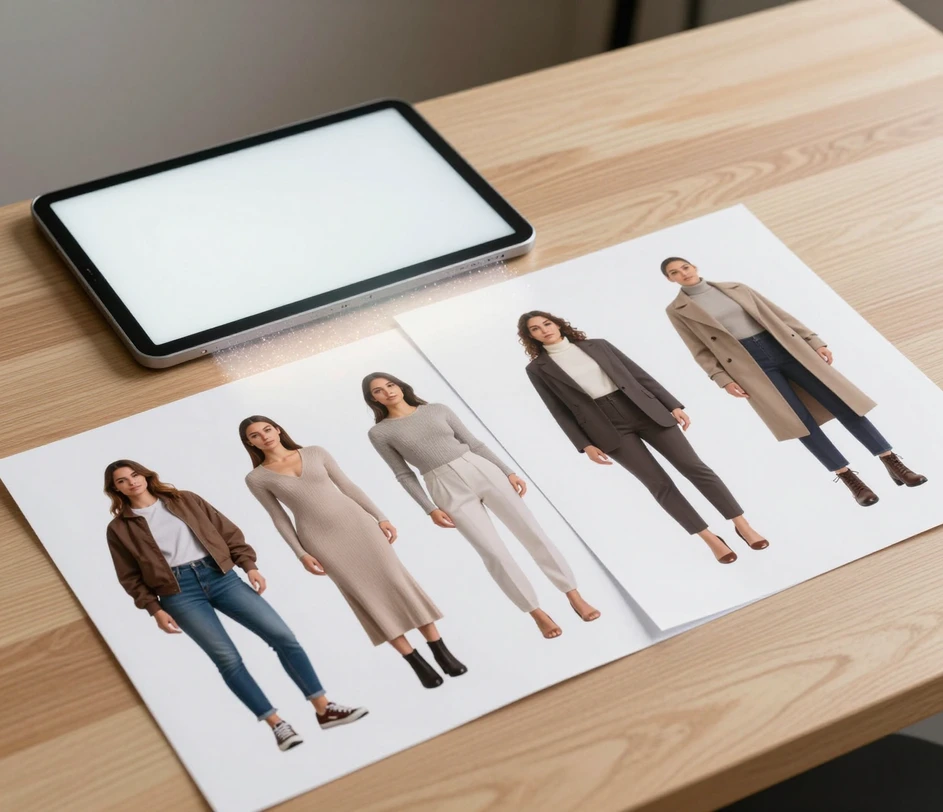 A professional character design studio where printed full-body figure sheets in diverse body types emerge beside a tablet running an AI body generator, showing photorealistic head-to-toe results in under thirty seconds