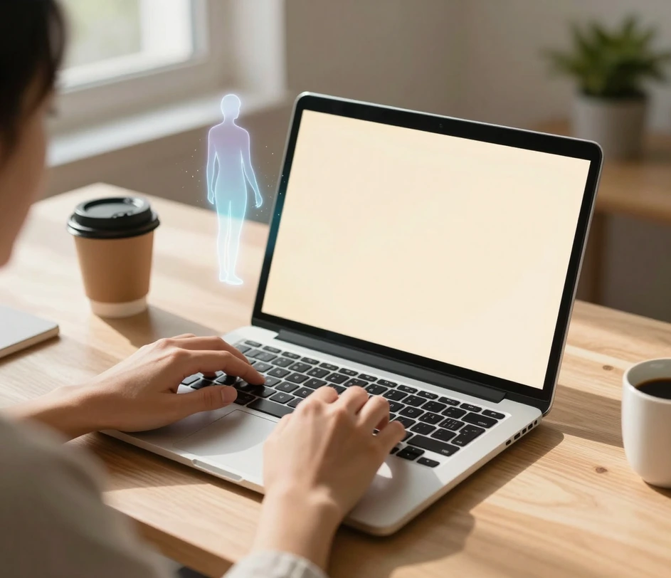 Over-the-shoulder view of a person typing a description on a laptop with a softly glowing blank screen, the first step of describing the person you want