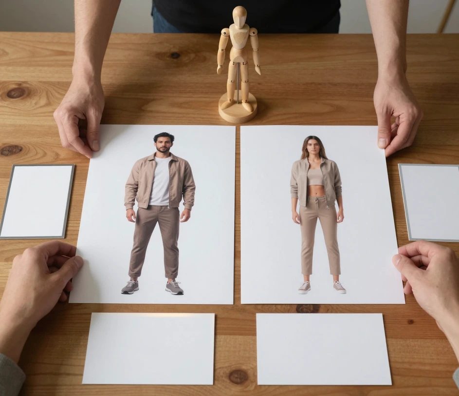 A designer comparing printed full body sheets of the same outfit on different physiques with a wooden artist mannequin behind, picking a style and aspect ratio