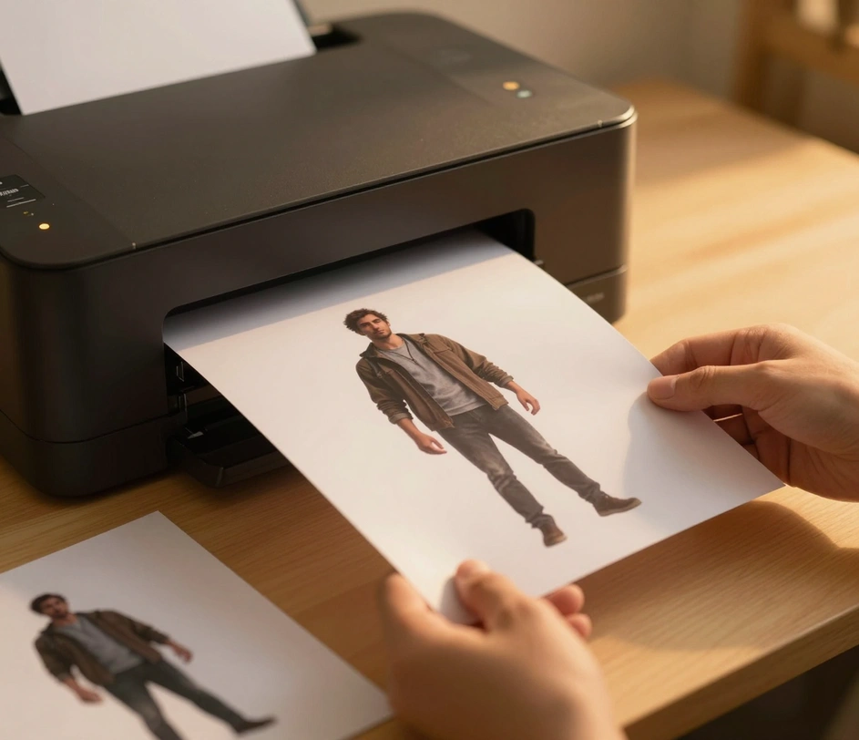 A hand lifting a freshly printed full body character sheet from a photo printer, the final step of generating, reviewing, and downloading the image