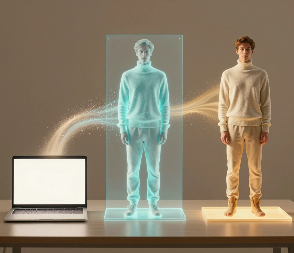 A three-step desk scene for AI body generation: a blank glowing laptop prompt, a figure silhouette emerging on a glass pane, and a finished printed full body character sheet