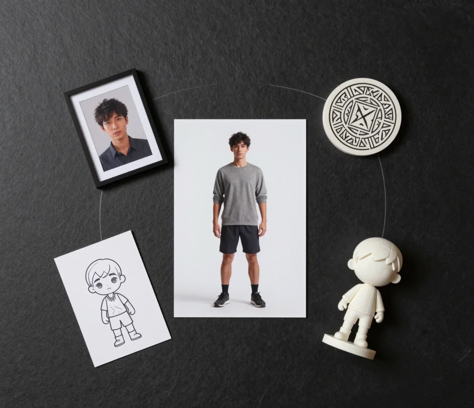 A flat-lay of complementary AI character creation prints around a central full body figure sheet: an avatar portrait, a chibi sketch, a logo emblem, and a 3D-printed character standee