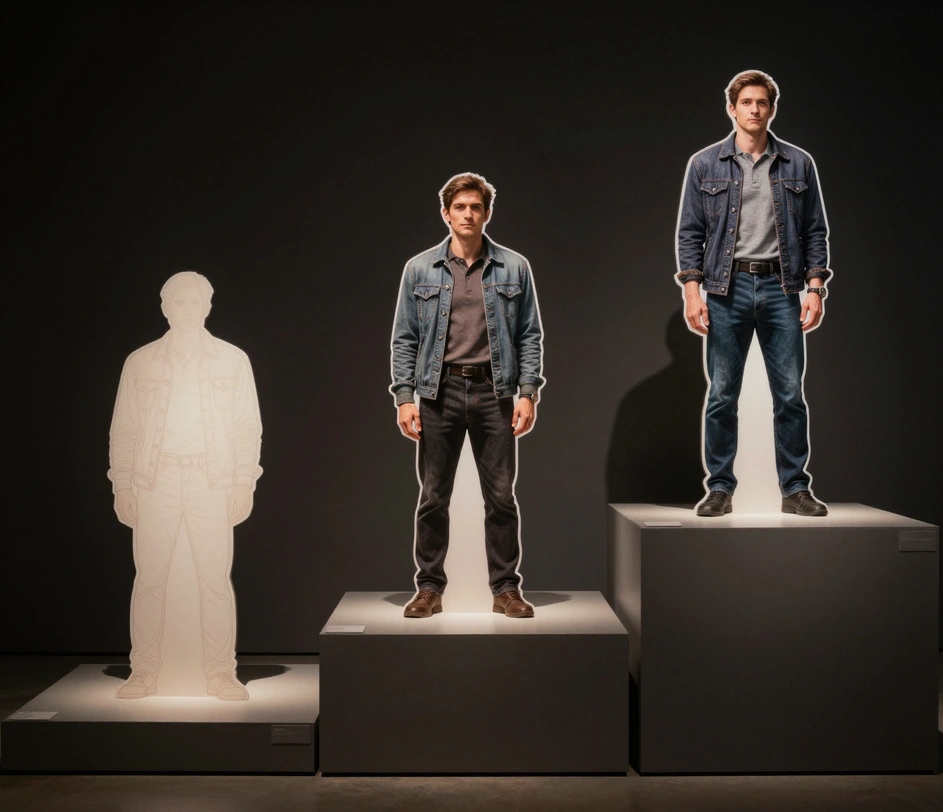 Three printed full-body character renders on gallery pedestals at ascending levels of finish, from a softly resolved draft to a master-grade figure with crisp edges and rich fabric texture