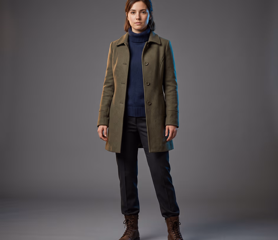 A Master-tier full body generation: a photorealistic head-to-toe figure in an olive button-front coat with polished studio-grade finish and crisp texture detail up to 2048 px, at 60 credits