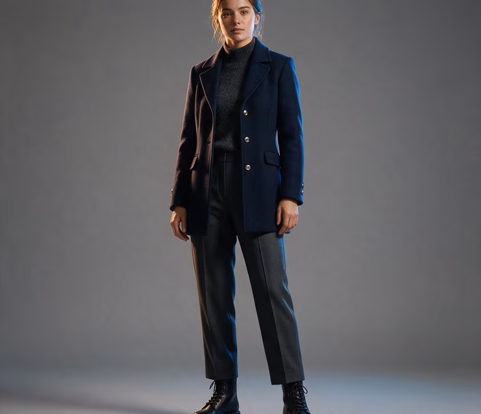 A Pro-tier full body generation: a photorealistic head-to-toe figure in a buttoned wool coat over a turtleneck with tailored trousers, soft directional lighting revealing fabric weave and clean silhouette lines at 35 credits
