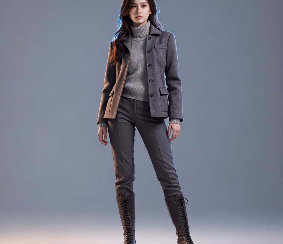 A Standard-tier full body generation: a complete photorealistic head-to-toe figure in a tailored blazer with ribbed turtleneck and combat boots, softly even studio lighting for fast first-draft body type exploration at 18 credits