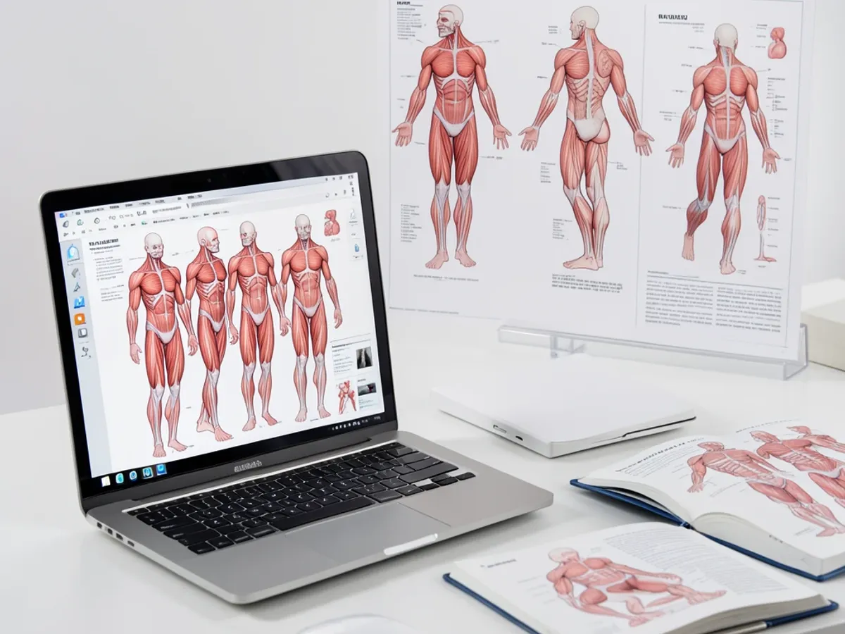 AI-generated anatomical reference figures showing full body proportions and muscle structure in standing and seated poses