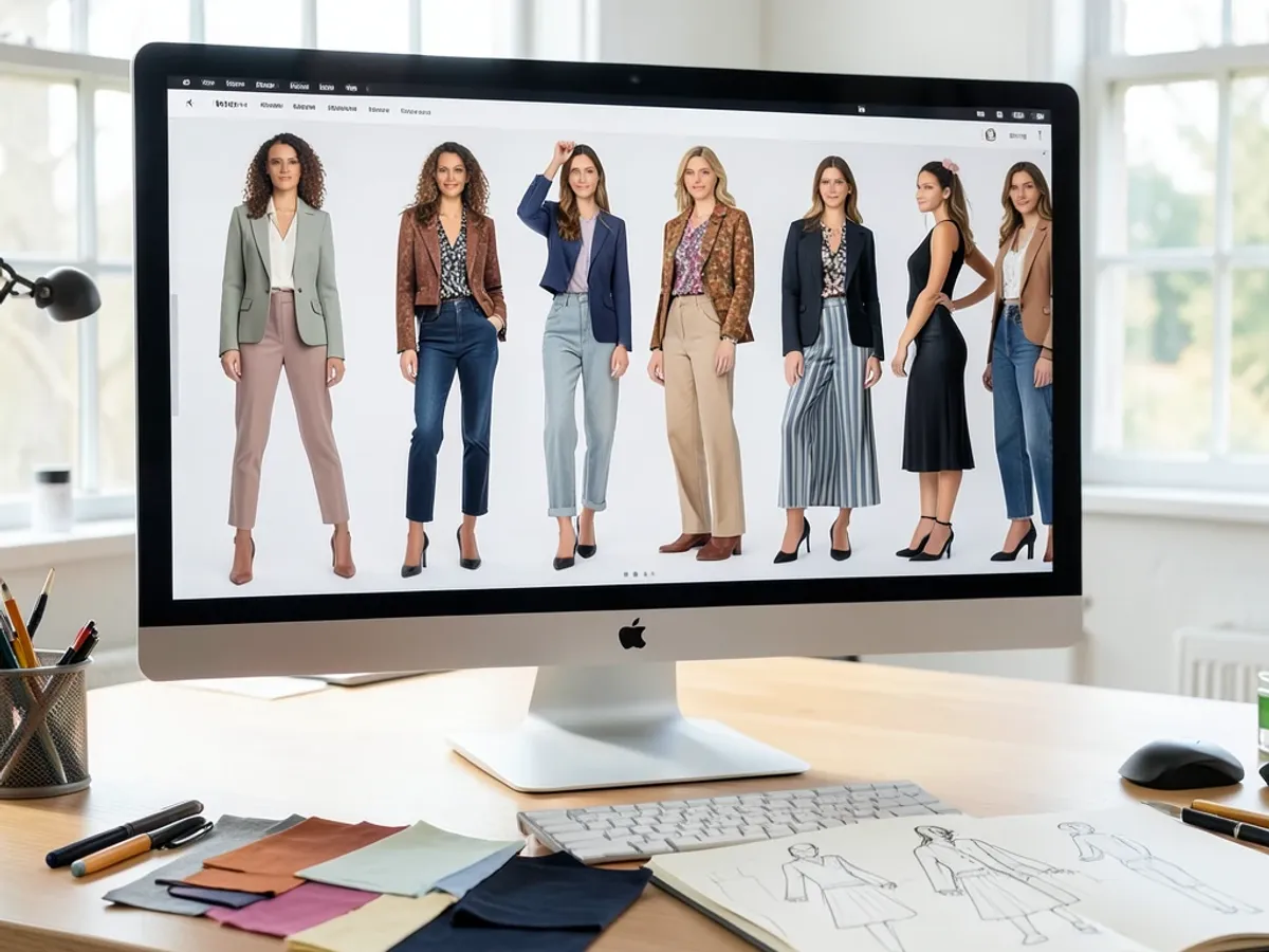 AI-generated fashion lookbook prototype showing diverse body shapes wearing designer clothing in editorial poses
