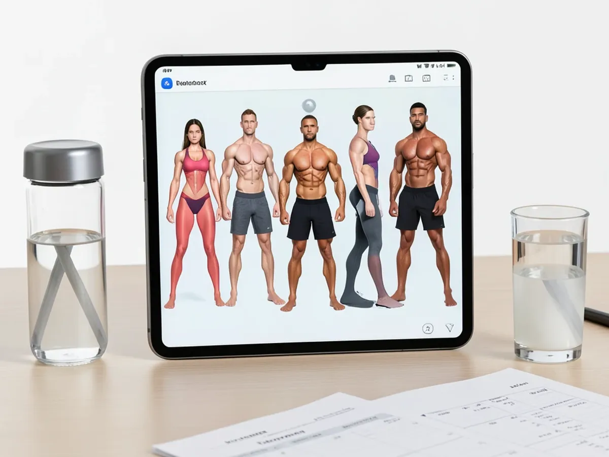 AI-generated fitness progress figures showing body type transformations from slim to athletic builds with muscle definition