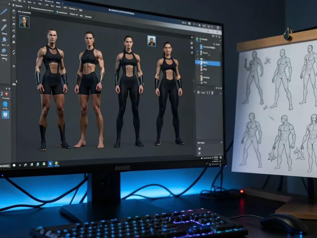 AI-generated full body character designs showing athletic and slim body types in game-ready clothing for 3D modeling reference