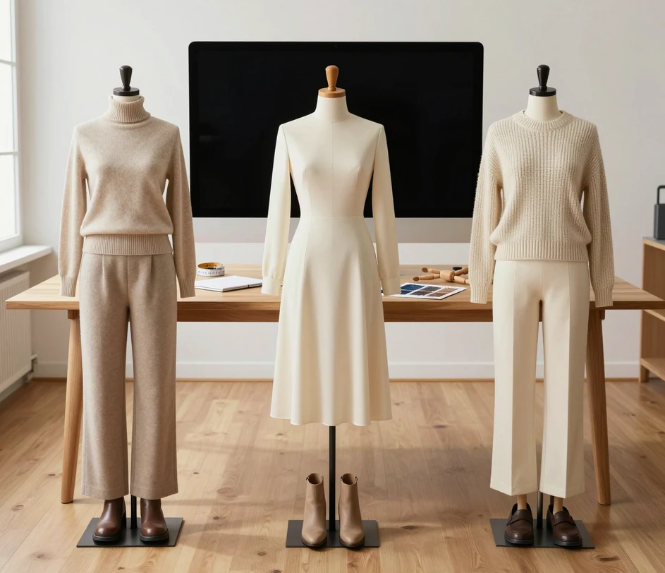 A bright design studio where three fully dressed tailor's dress forms of different builds stand beside a worktable holding fabric swatches, a closed sketchbook, and a powered-off black monitor