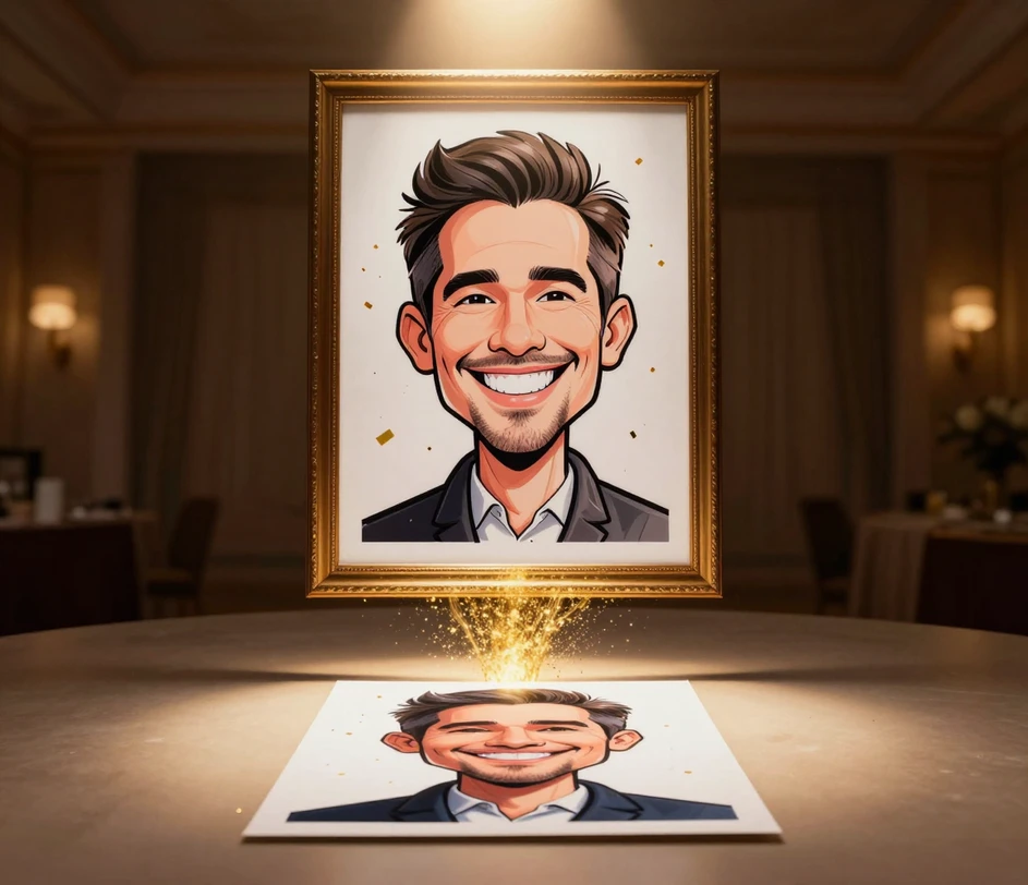 Une vraie photographie de portrait souriant sur une table de présentation sous projecteur se transformant en une grande caricature encadrée qui se matérialise dans les airs en particules dorées scintillantes, capturant l'instant photo-à-caricature en un clic sous une lumière chaleureuse et festive