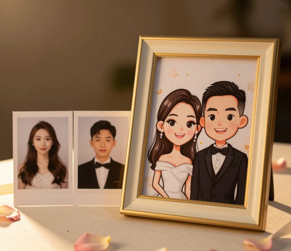 Deux photographies de portrait réelles des mariés dans des cadres blancs sur une table de cadeaux de mariage, se transformant en une caricature de couple assortie dans un cadre ivoire et or, les deux visages exagérés mais instantanément reconnaissables
