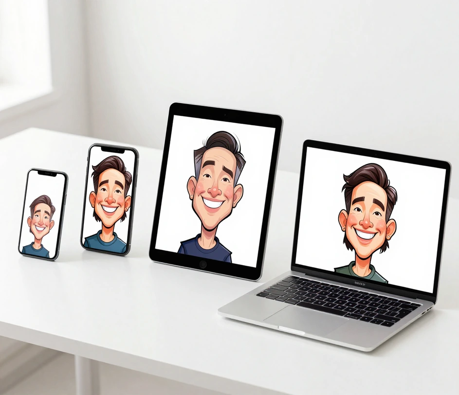 Un smartphone, une tablette et un ordinateur portable disposés sur un bureau blanc éclatant, chaque écran sans texte affichant la même caricature terminée tandis qu'un ruban d'énergie lumineux circule entre les trois appareils, sans rien installer