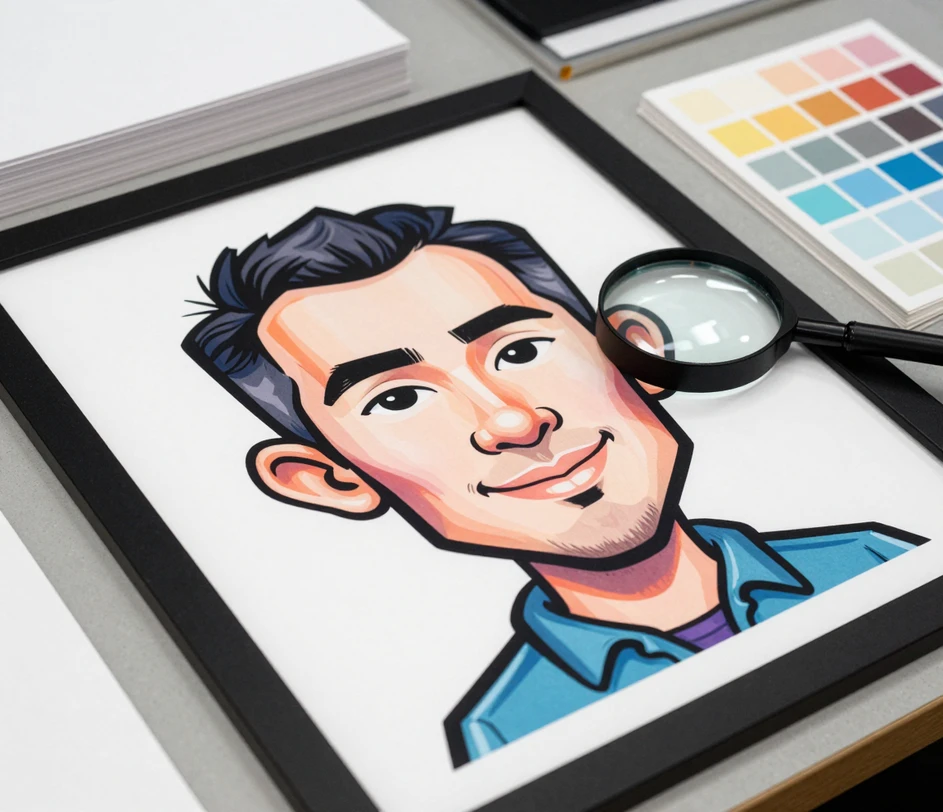 Un gros plan macro d'une table d'épreuvage d'imprimerie avec une loupe transparente grossissant le trait net comme un rasoir et les bords nets en cel-shading d'une grande impression de caricature encadrée sous une lumière du jour neutre et fidèle aux couleurs