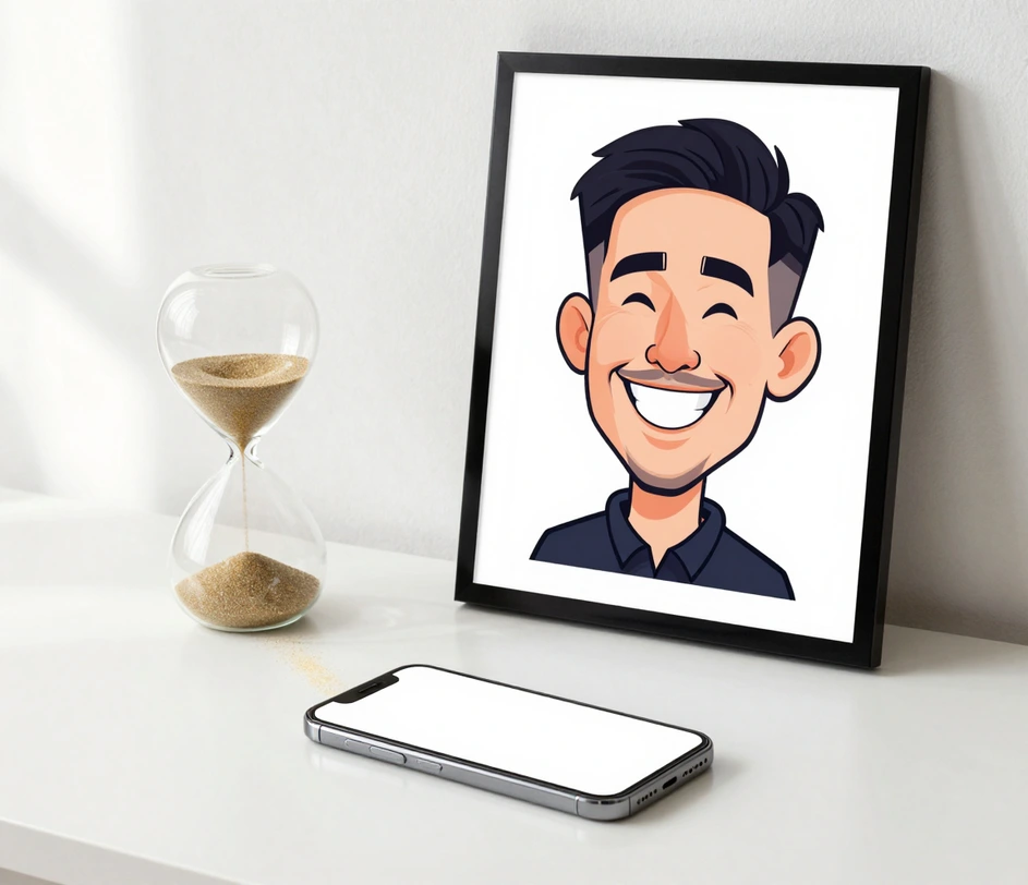 Un sablier en verre avec du sable doré presque écoulé à côté d'un portrait caricatural encadré et d'un smartphone sans texte, capturant le moment où une génération de dix secondes vient de s'achever dans une lumière matinale éclatante