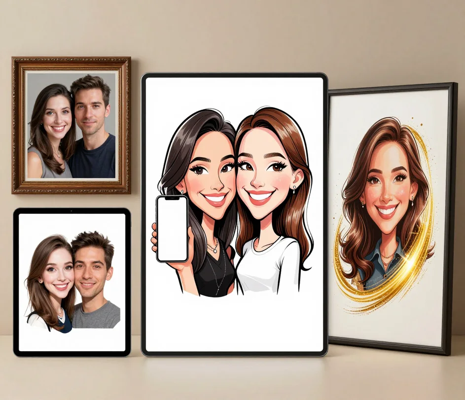 Un présentoir de studio neutre et chaleureux présentant quatre capacités du créateur de caricatures — deux photos fusionnant en une caricature de couple, la même œuvre sur des écrans de téléphone et de tablette sans texte, une vue macro d'un trait d'une netteté d'impression, et un filet de lumière dorée à côté d'un portrait encadré fini
