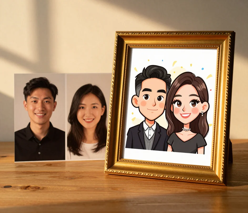 Deux photographies réelles de portraits de face sur une table à cadeaux baignée de lumière dorée se transformant en une caricature de couple assortie dans un cadre doré orné, avec contours affirmés, aplats de couleurs cel-shaded, têtes surdimensionnées et ressemblances nettement reconnaissables