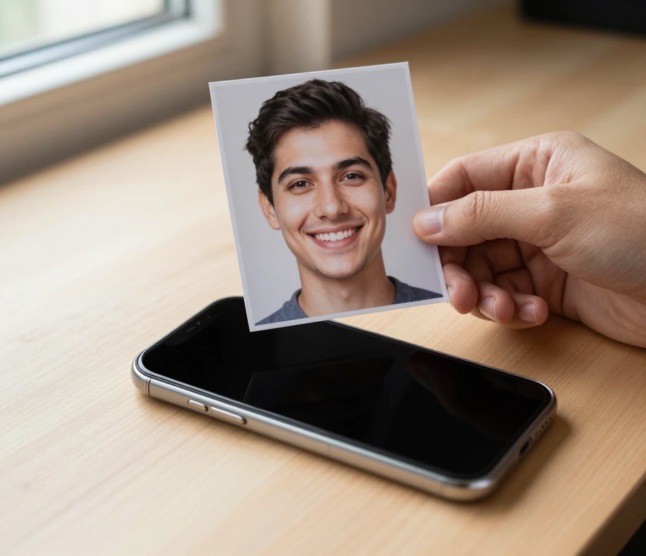 Des mains tenant un portrait net de face avec un éclairage uniforme et un sourire visible au-dessus d'un écran de smartphone sombre sans texte, capturant le moment exact du téléversement sans caricature encore rendue