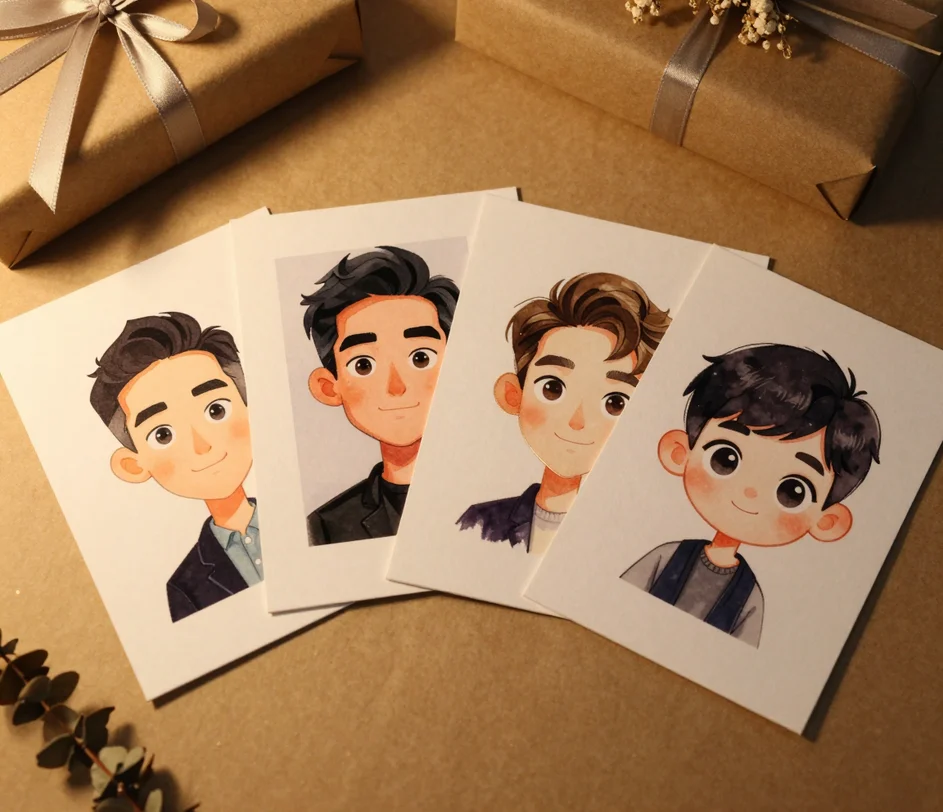 Quatre tirages encadrés de la caricature du même homme étalés en éventail sur une table d'emballage cadeau — contour classique audacieux, finition animation polie, aquarelle douce et styles chibi mignons — avec le cadre classique mis en évidence par une lueur de sélection chaleureuse