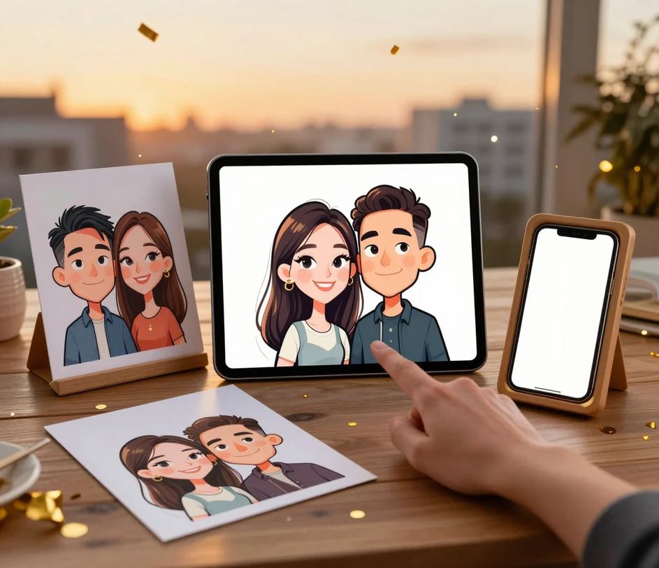 Une main pointant vers une tablette montrant une caricature de couple haute résolution terminée, tandis que la même illustration se diffuse vers une carte d'invitation imprimée, un téléphone vertical sans texte et un petit cadre tracé par des particules dorées au crépuscule festif