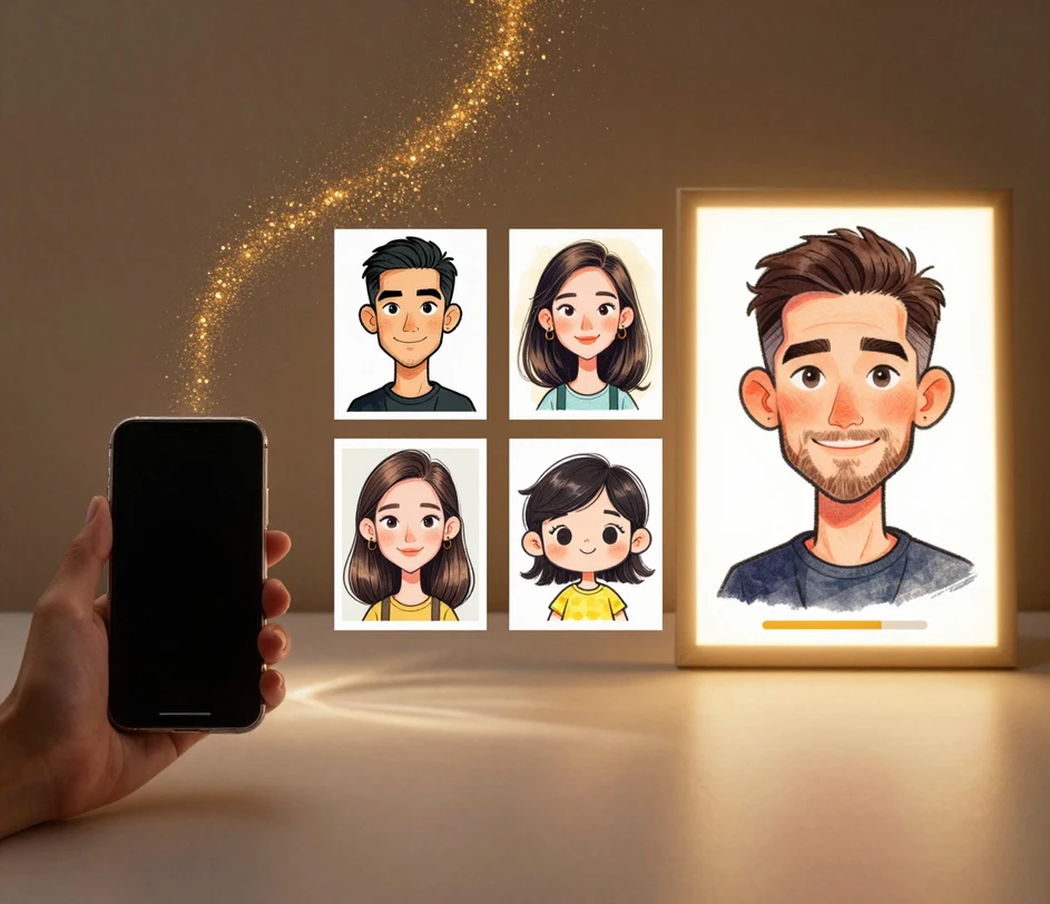 Un parcours de création en trois étapes unifié par un chaud flux de particules dorées — une main tenant un portrait réel au-dessus d'un téléphone à écran sombre, quatre vignettes de styles flottantes en attente de sélection, et une grande caricature encadrée finie qui brille au bout