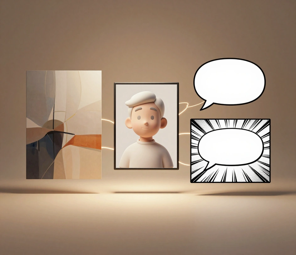 Une galerie de studio neutre et chaleureuse d'outils IA d'image associés — une toile picturale abstraite émergeant d'un voile de lumière créatif, un buste de dessin animé aux courbes douces, et un panneau de bande dessinée aux points de trame audacieux — reliés par des lignes lumineuses en un écosystème créatif unique