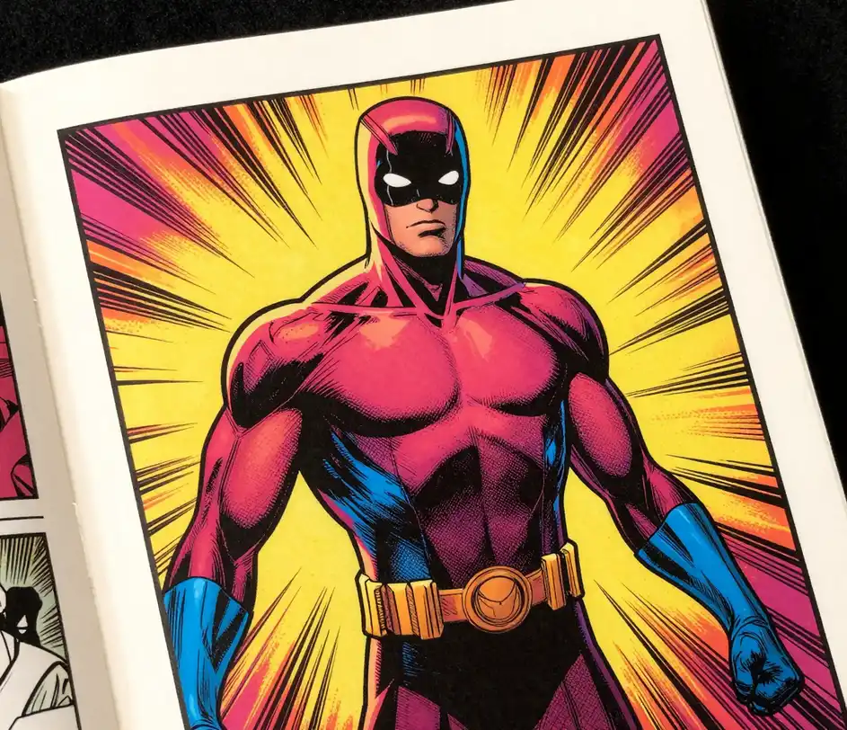 Une page de bande dessinée tenue en biais montrant un héros aux contours à l'encre marqués, un costume sans marquage, des couleurs plates magenta-jaune-cyan et un ombrage à points de trame irradiant des lignes d'action dynamiques